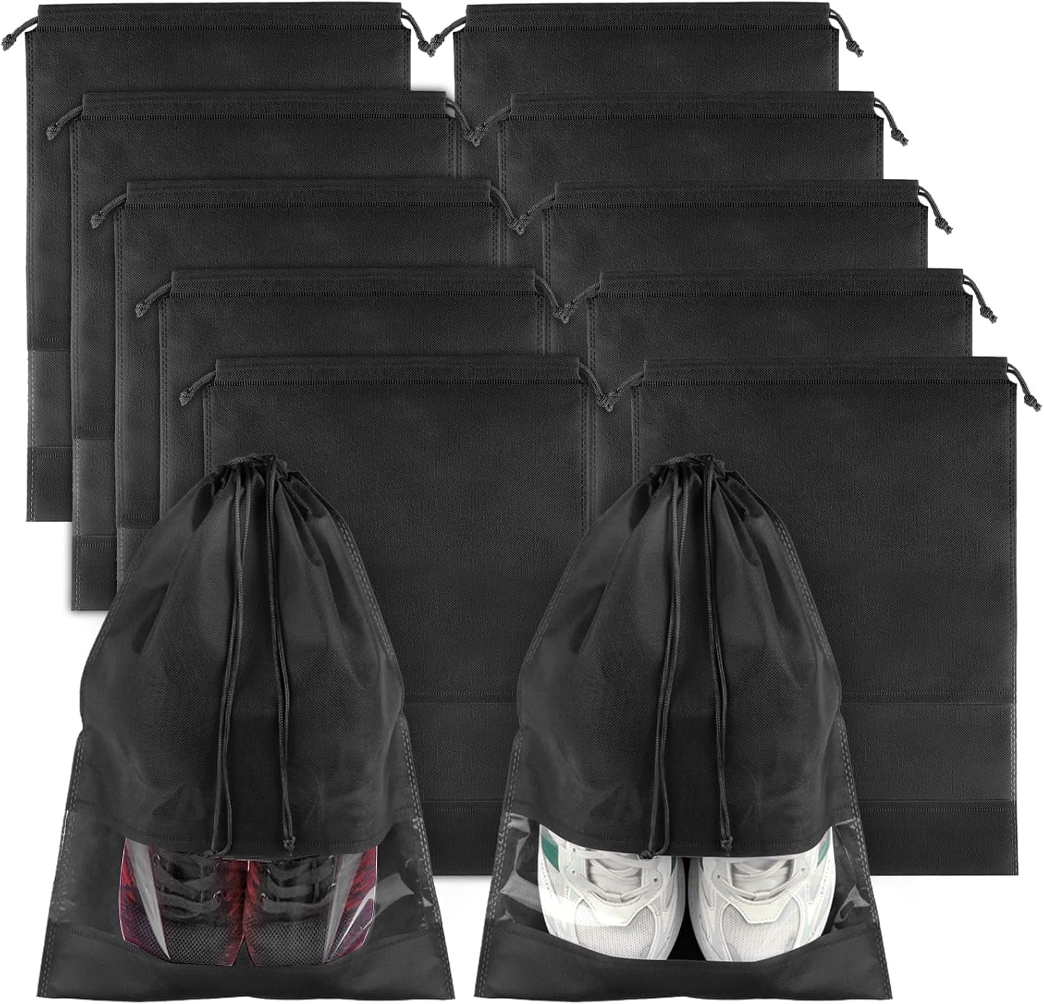 Black Travel Shoe Bags – 10 Pcs Non-Woven Packing Bags with Clear Window | 15.7″ x 11.8″ Waterproof Dustproof Portable Travel Shoe Storage Bag for Men and Women 10-Pack Travel Shoe Bags