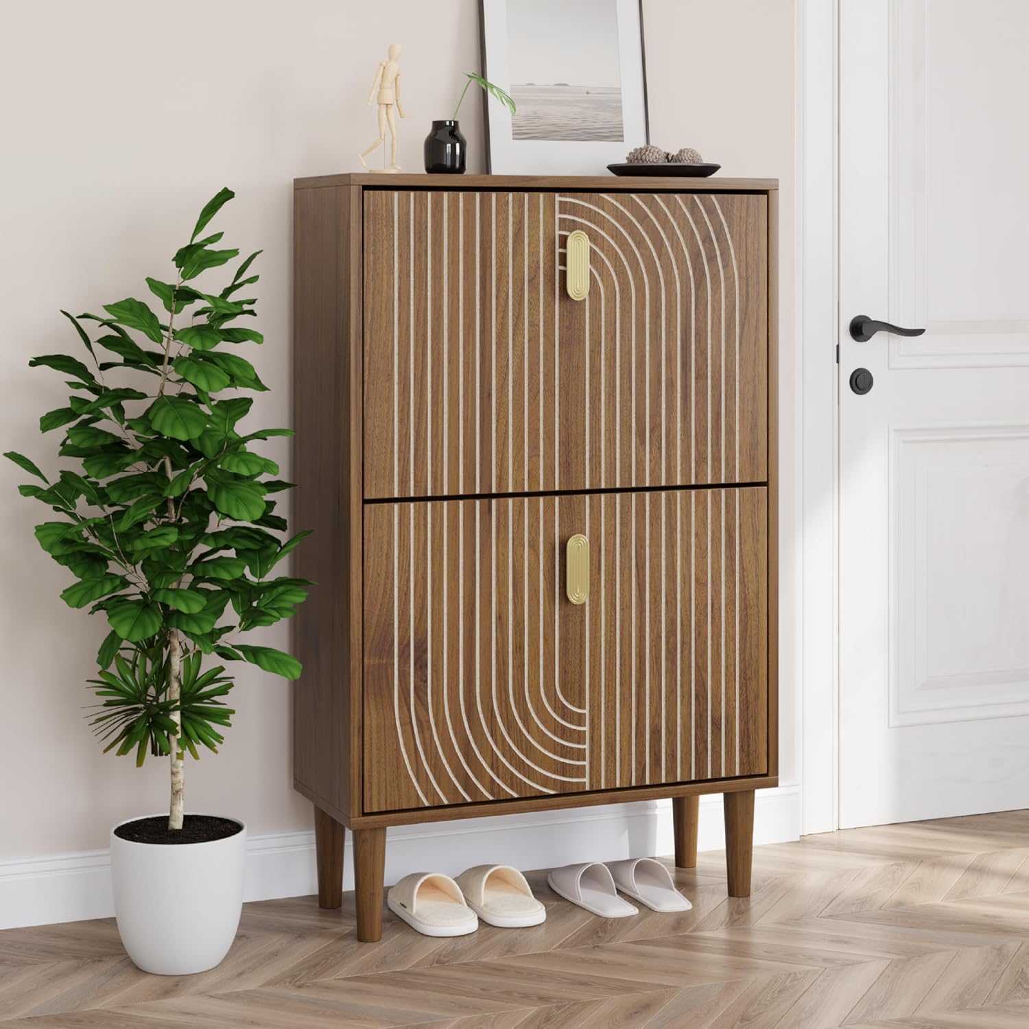 Walnut 2-Drawer Shoe Cabinet