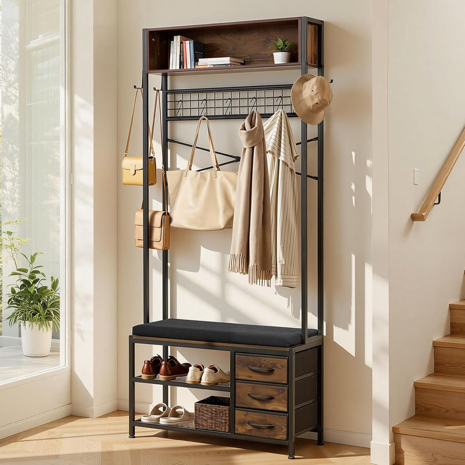 Hall Tree with Cushioned Bench