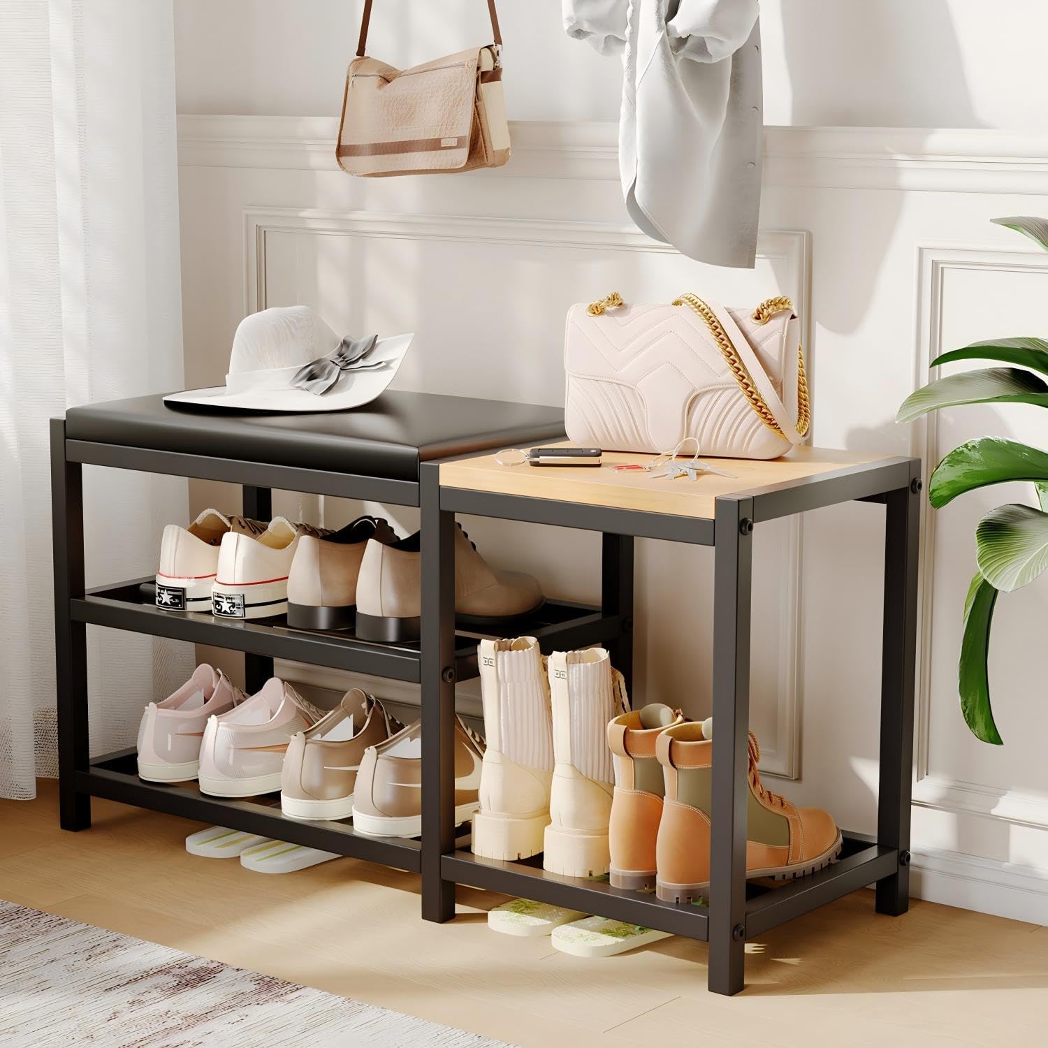 Padded Shoe Bench with Rack