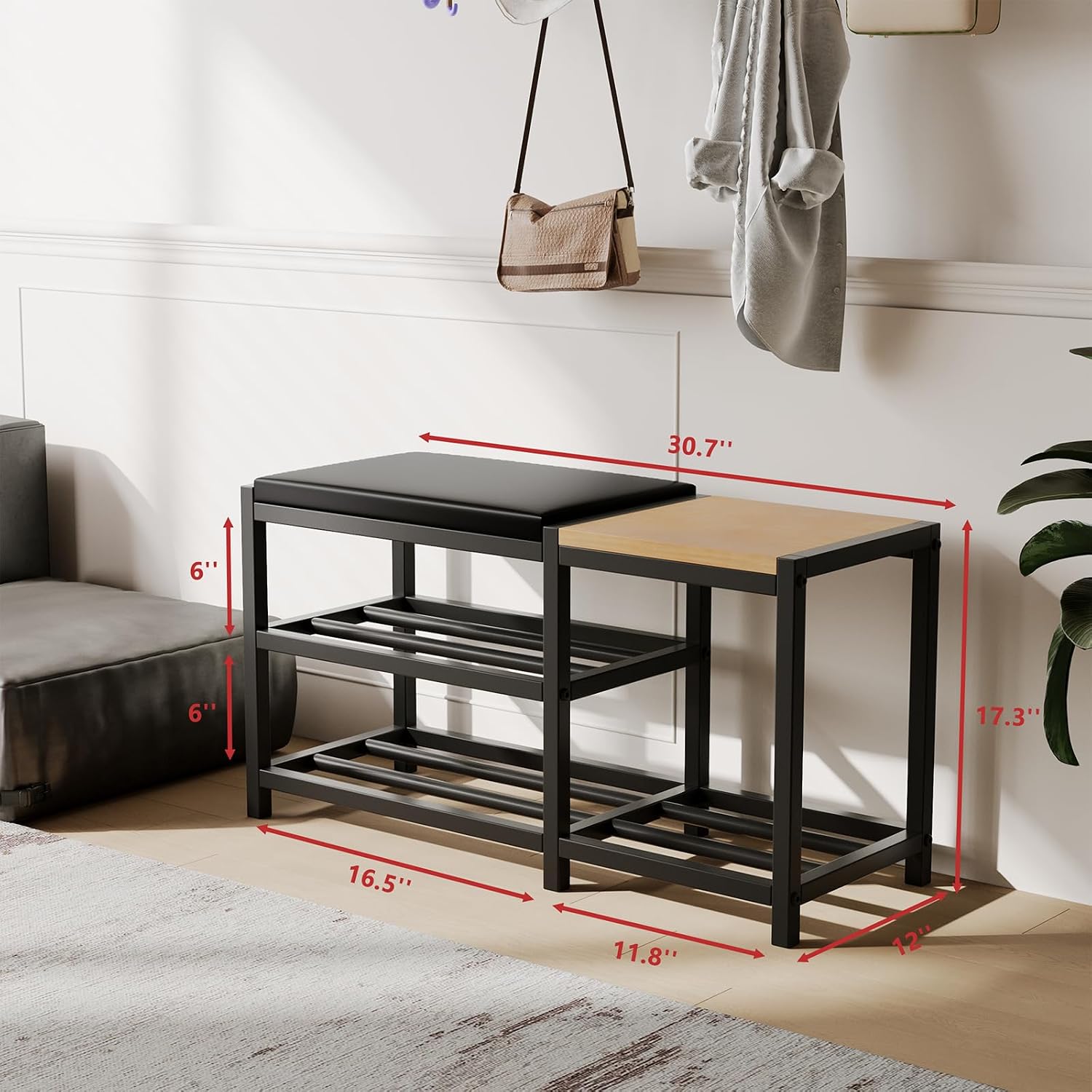 Padded Shoe Bench with Rack