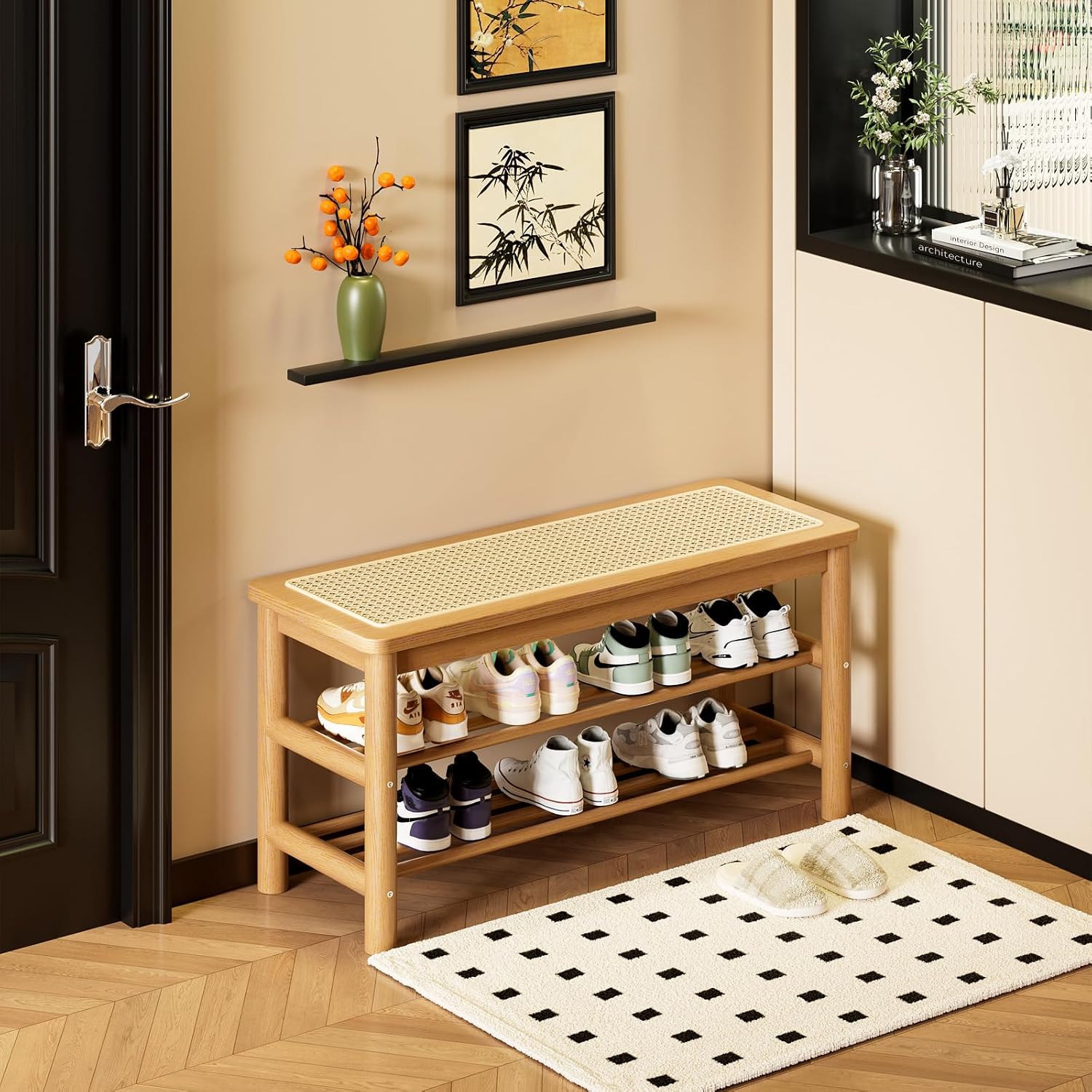 Bamboo Shoe Bench with Rattan Seat