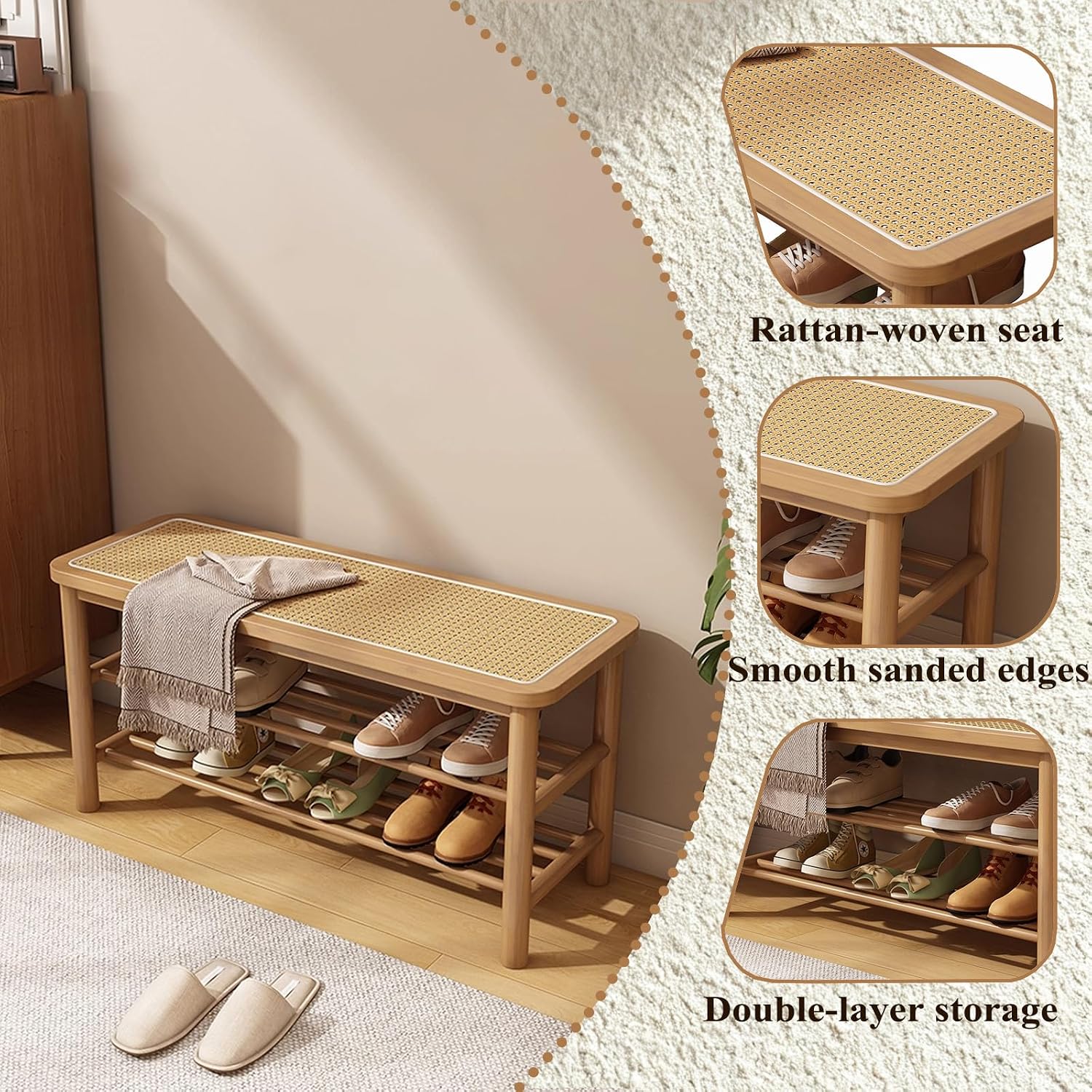 Bamboo Shoe Bench with Rattan Seat
