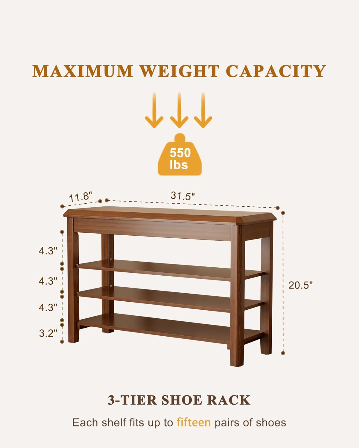 Rubberwood 3-Tier Shoe Bench