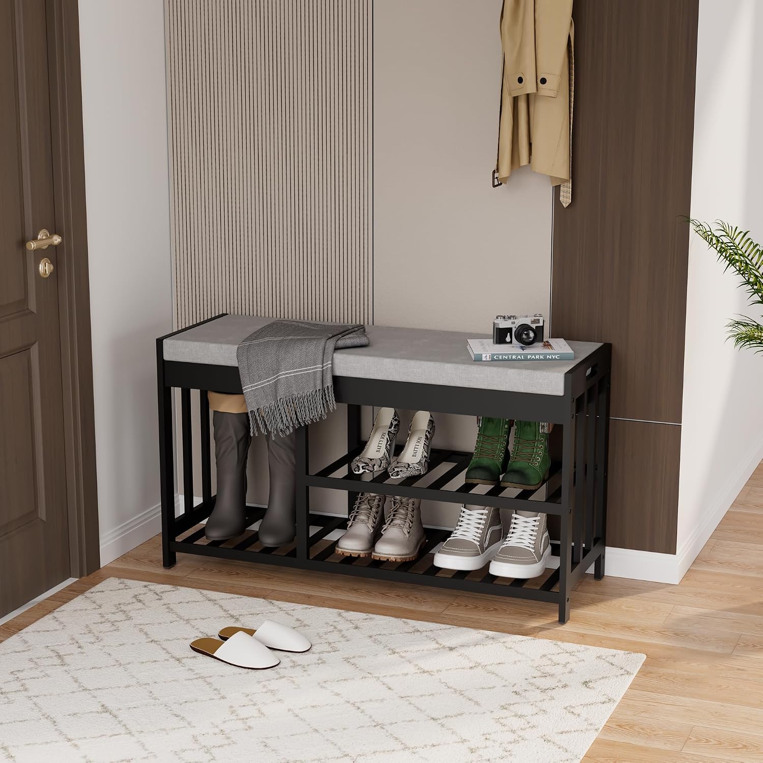 Bamboo Shoe Bench with Padded Seat